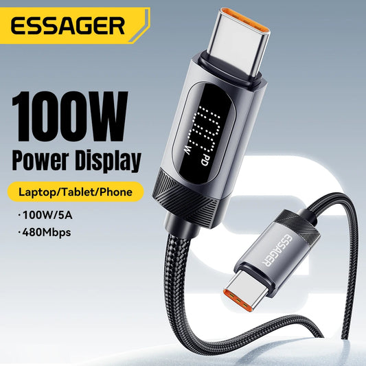 Essager Digital Dispaly USB C Cable For iPhone 16 15 Xiaomi Huawei 100W PD Fast Charging For Macbook iPad Type C to Type C Cable